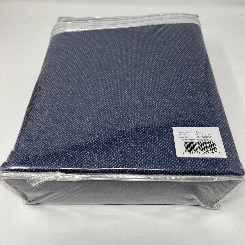 DORMIFY‎ Blue Chambray Queen Duvet and Standard Sham Set 100% Cotton Satine NEW